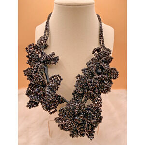 Natasha Handmade Black Crystal Beaded Multi Flower Necklace